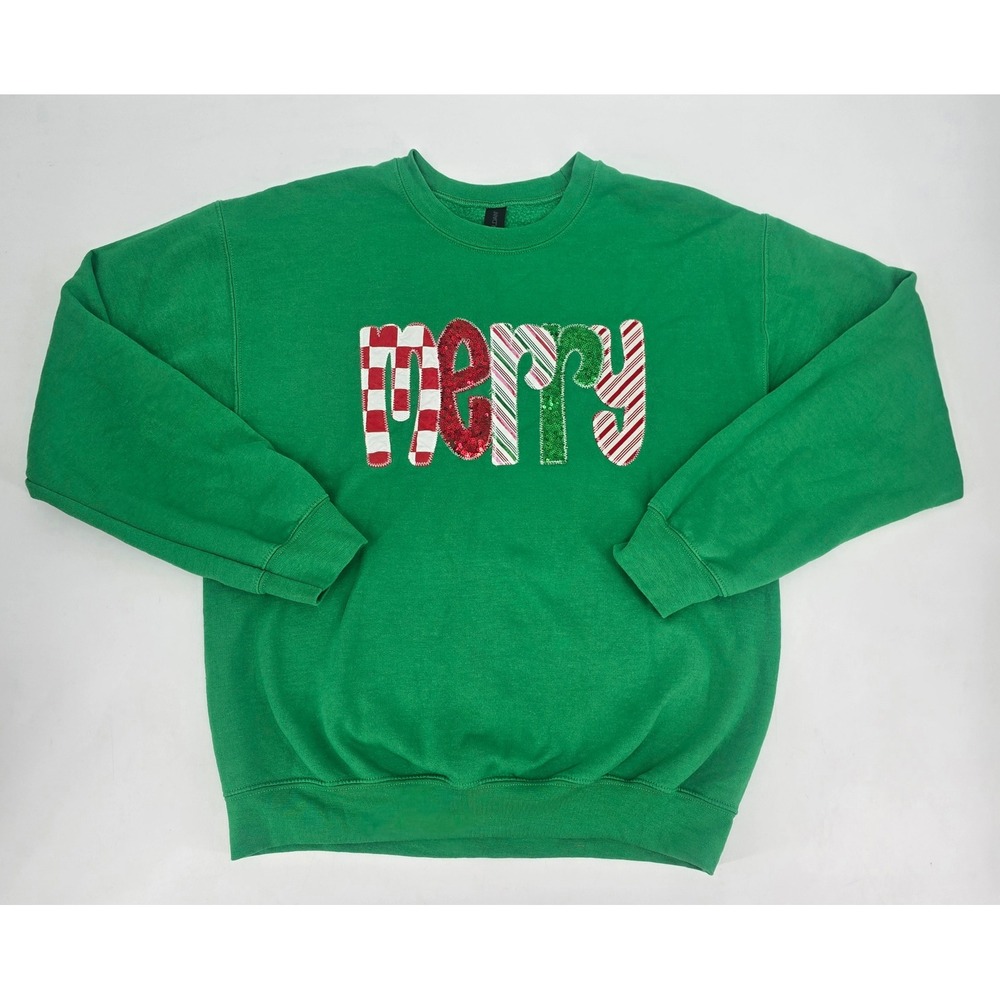 Gildan Merry Christmas Patchwork Sequin Green Crewneck Sweatshirt M Holiday